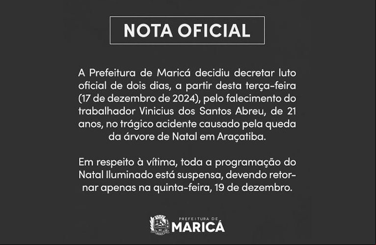 Prefeitura de Maricá decreta luto oficial após acidente com árvore de Natal